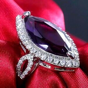 Marquise Violet (purple) Sapphire & White Baguette Diamond on 925 Silver